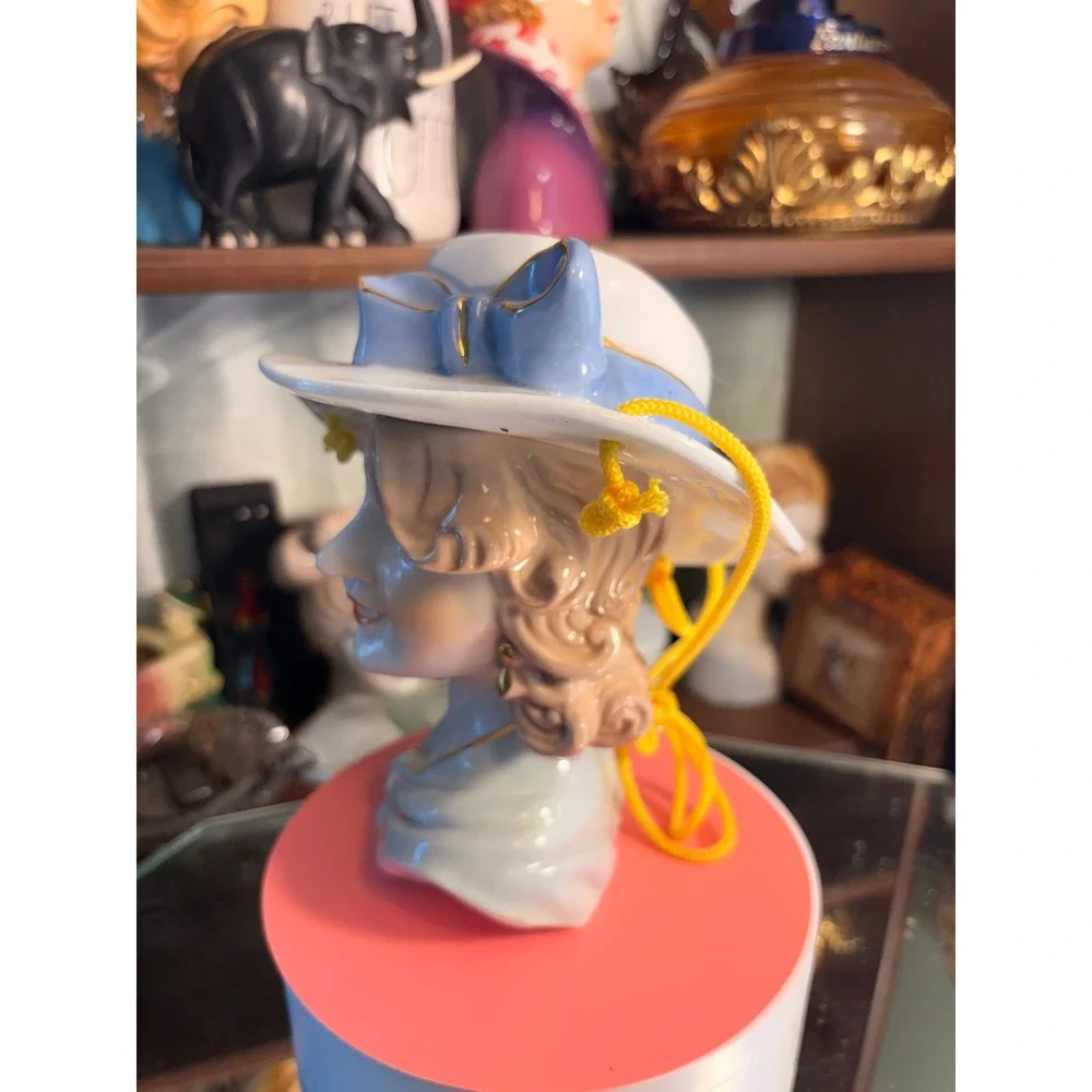 Vintage Ceramic Lady Head Vase Blue Hat Gold Trim Mid Century Style Figurine